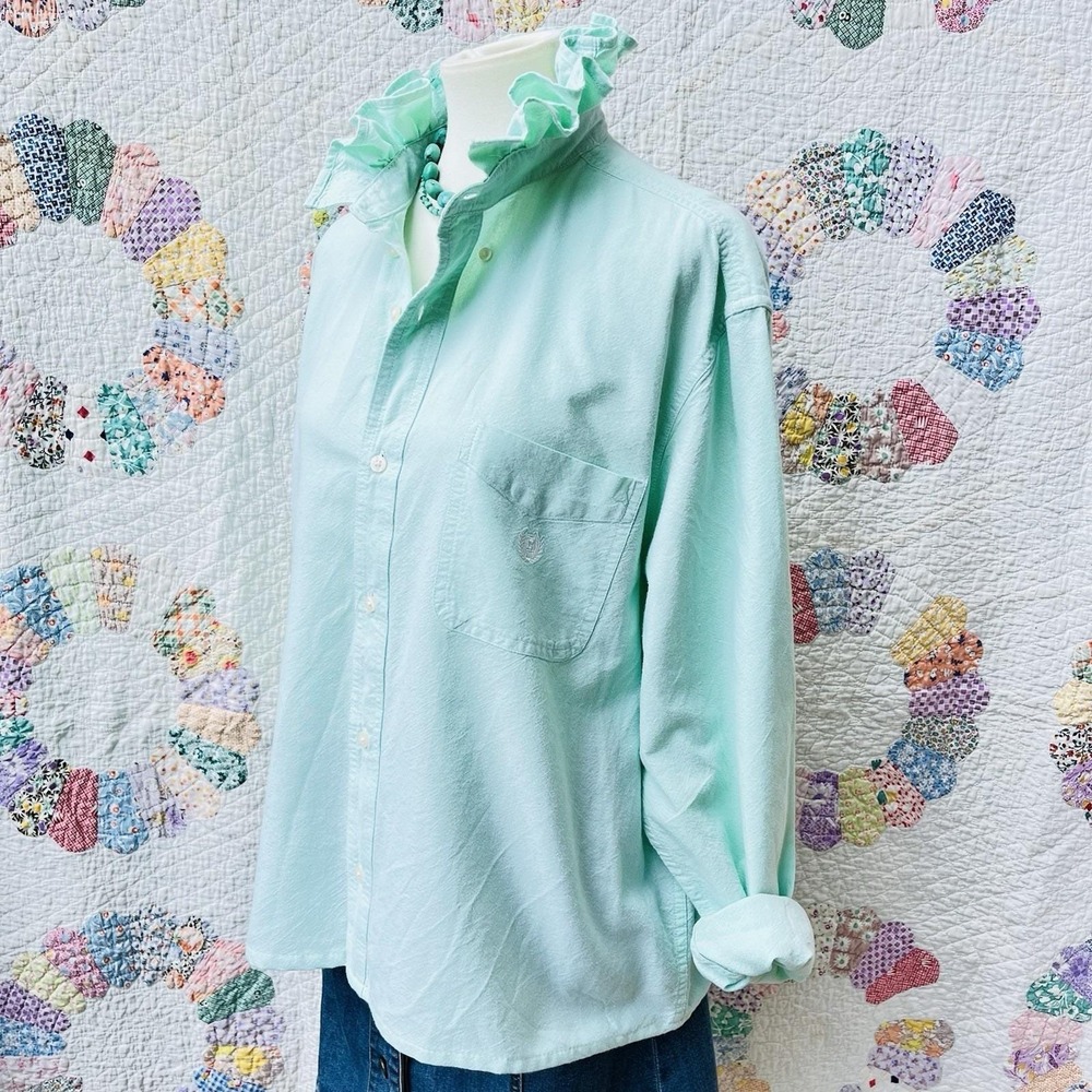 Upcycled Re-worked Chaps Mint Green  Preppy Oxford Cloth Ruffle Collar Shirt L - Picture 3 of 7